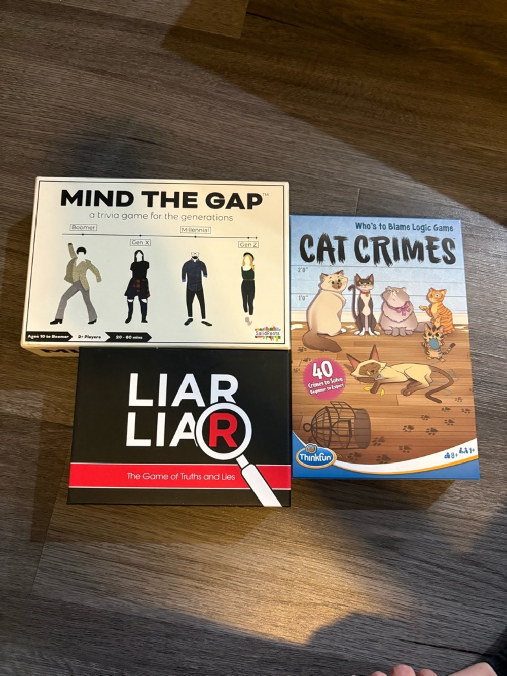 Set of 3 Party & Family Games — Mind The Gap, Liar Liar, Cat Crimes